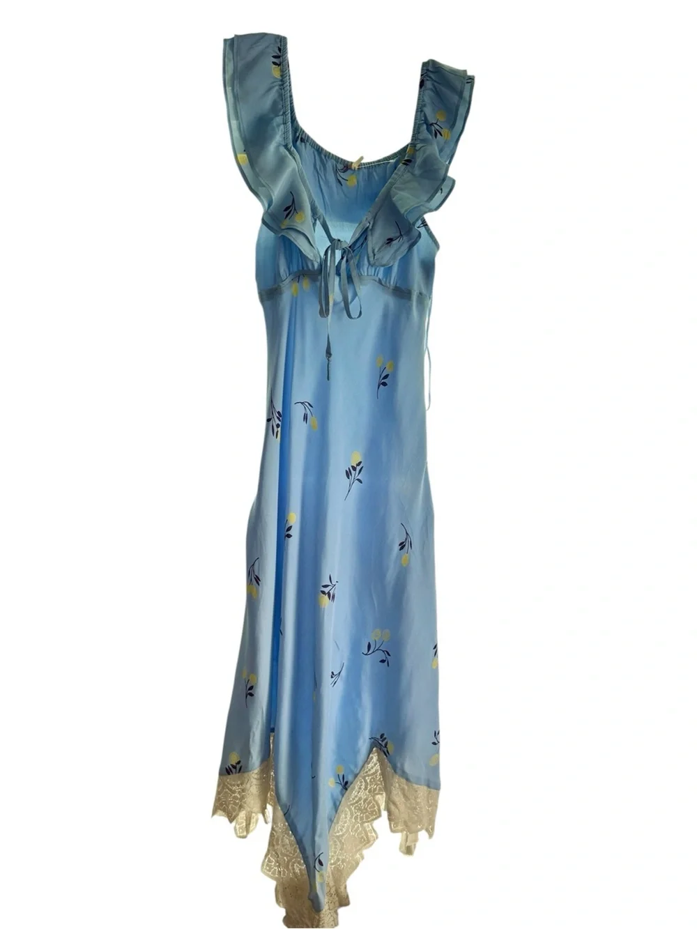 Free People Flock Together Midi Dress Blue Lace Trim Ruffle Handkerchief Hem S